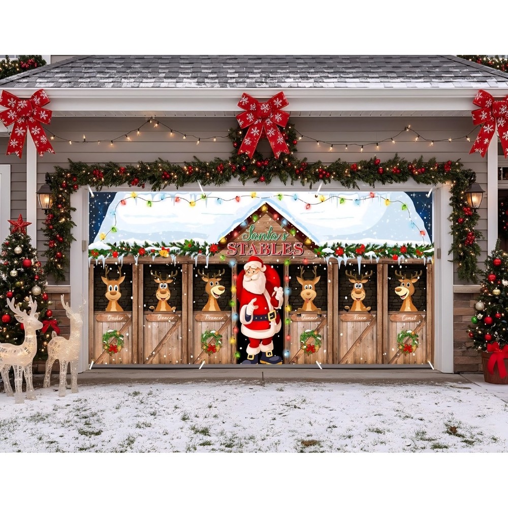 Christmas Garage Door Banner Decoration Magnetic Double 16 x 7 ft Santa Claus‎